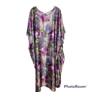VTG California Dynasty Caftan One Size Purple Roses Flowers Mrs. Roper MuMu